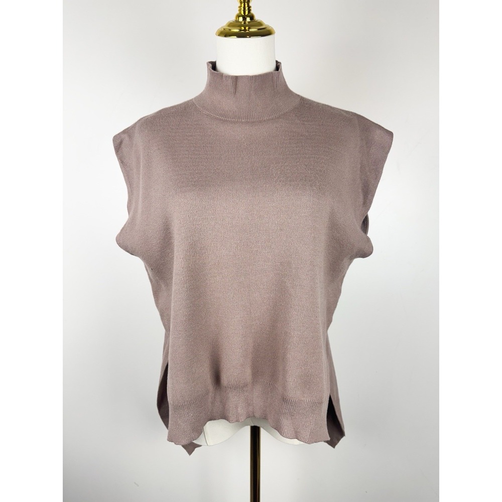Entro Mock Neck Sleeveless Sweater Vest Taupe Mocha Side Slit Knit Top Small S